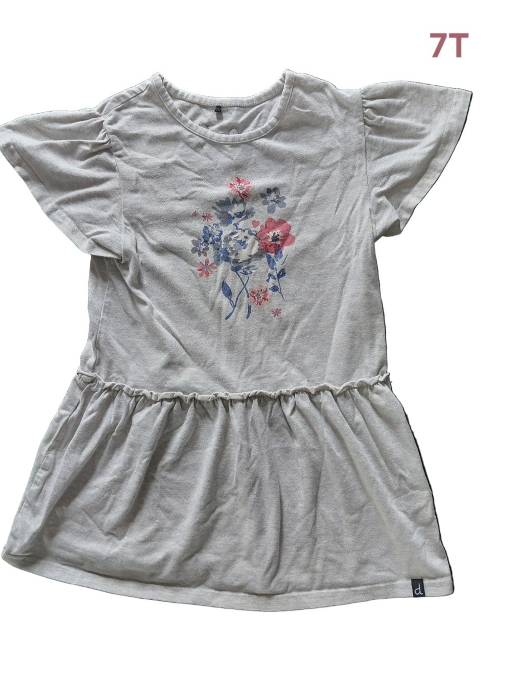 Deux Par Deux Floral Peplum Tee Dress - White with Pink & Blue Floral